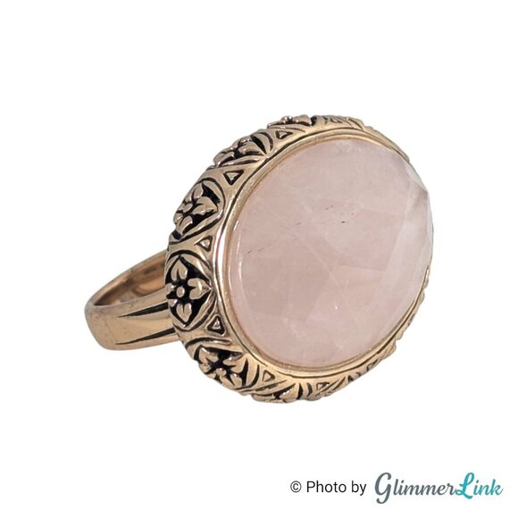 Barse Rose Quartz Gemstone Oval Floral Chunky Gold Tone Ring Size 10 - Picture 1 of 13